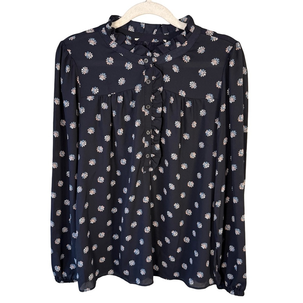 Floral Black Ruffle Feminine Blouse Size S Lightweight Cottagecore Flowy Work